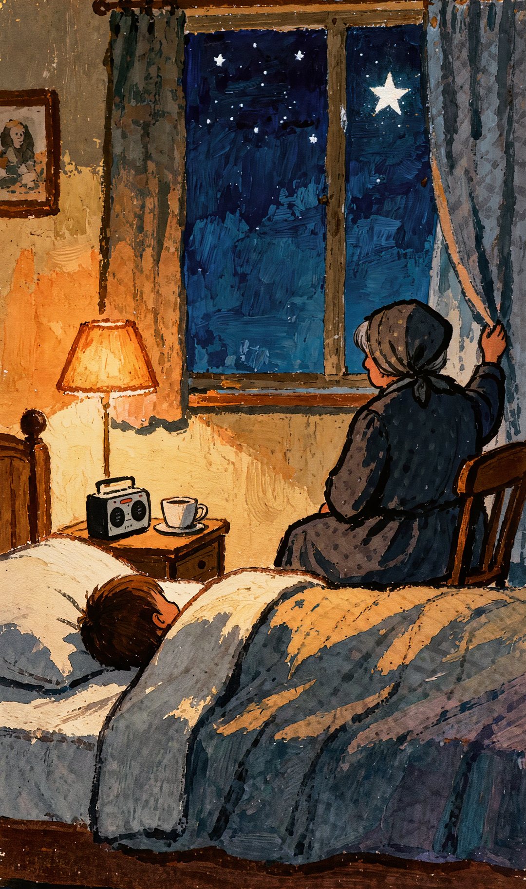 Yusuf tucked in bed while Teta pulls the curtain back to show one small star