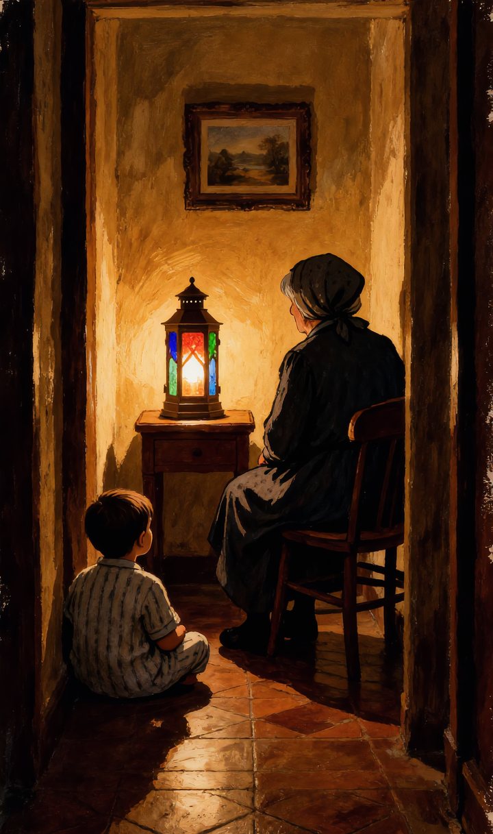 Yusuf and Teta in the hallway with the coloured-glass lantern
